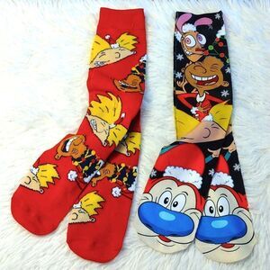 Nickelodeon 2 Pairs 2022 Hey Arnold Christmas Print Crew Socks NWOT